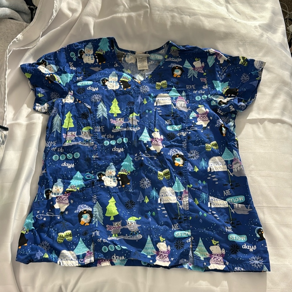 Women’s 2 pocket V-neck Scrub Top, Snowman, Penguin design